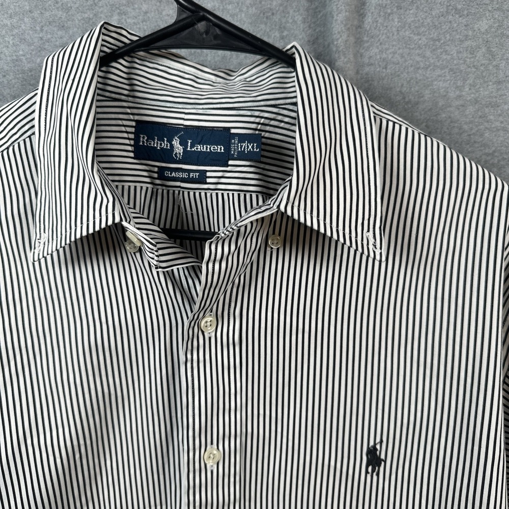Ralph Lauren Mens XL 17 34/35 White Black Striped Classic Fit Cotton Dress Shirt